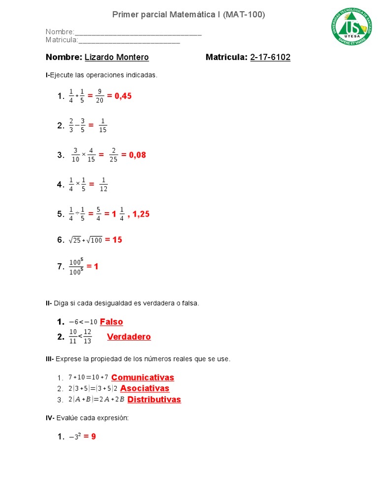 Primer Parcial Matemática I: Ejercicios y Evaluaciones | PDF