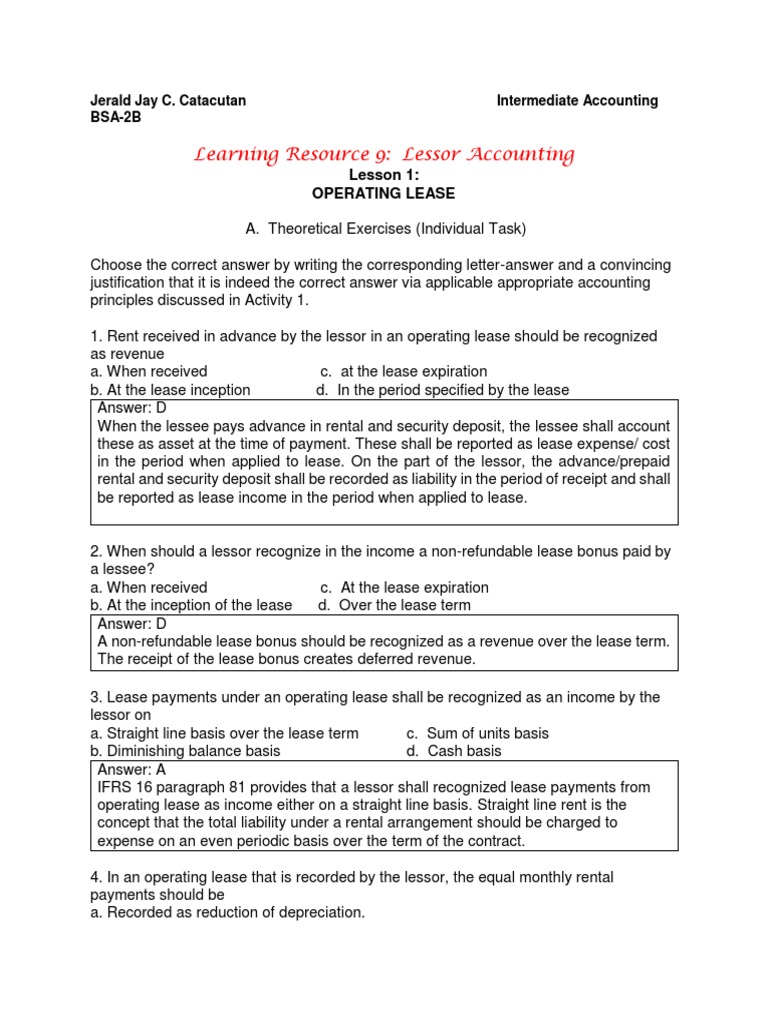 Learning Resource 9: Lessor Accounting: Lesson 1: Operating Lease | PDF ...