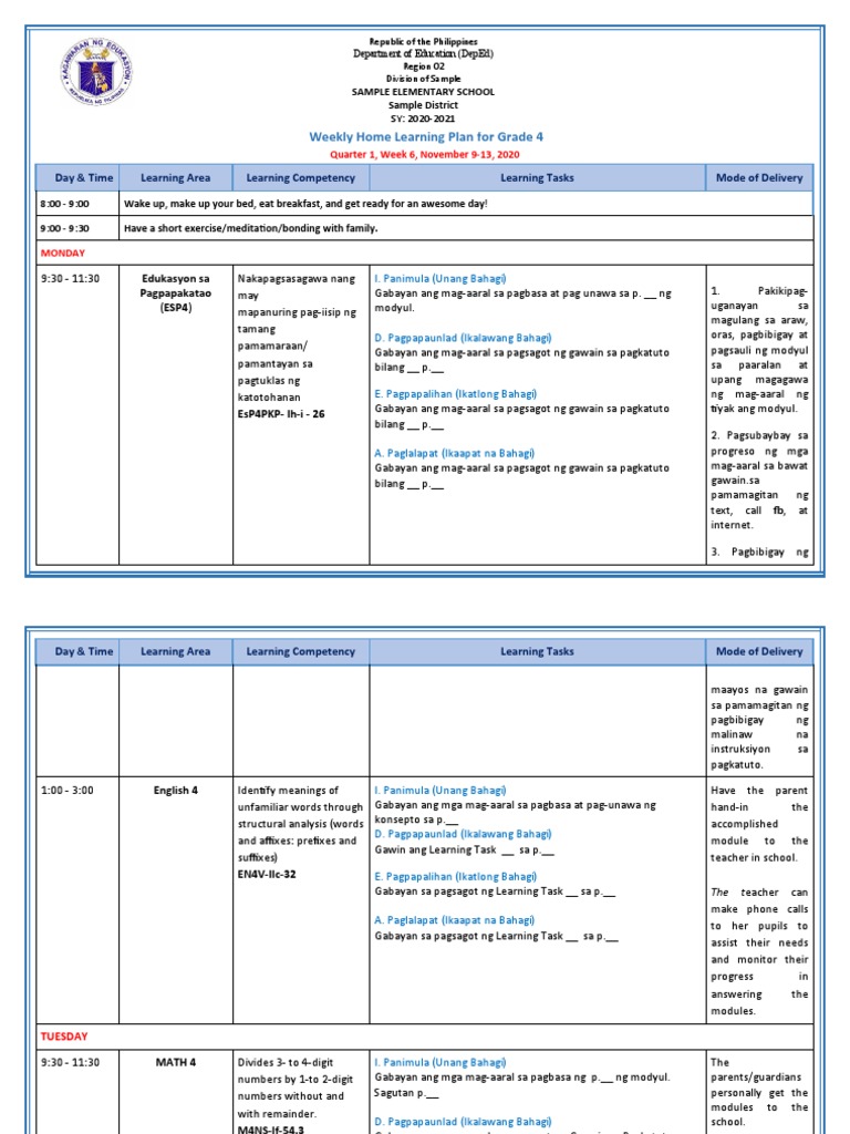 Grade 4 - All Subjects - WHLP - Q1 - W6 | PDF