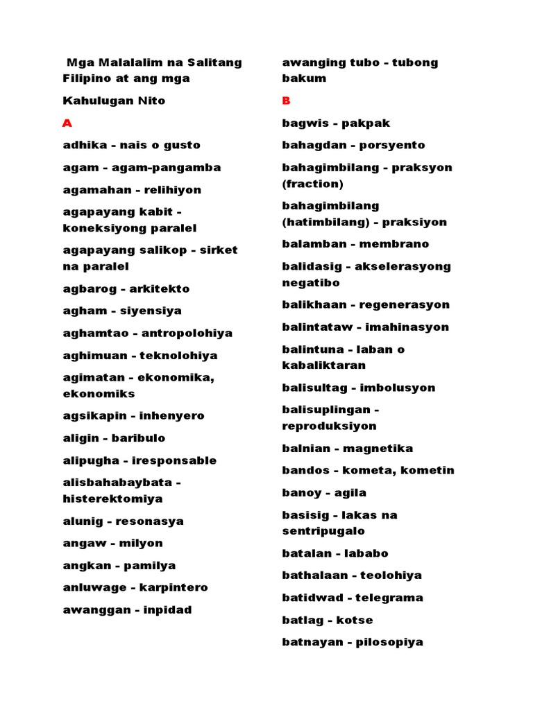 Mga Malalalim Na Salitang Filipino | PDF