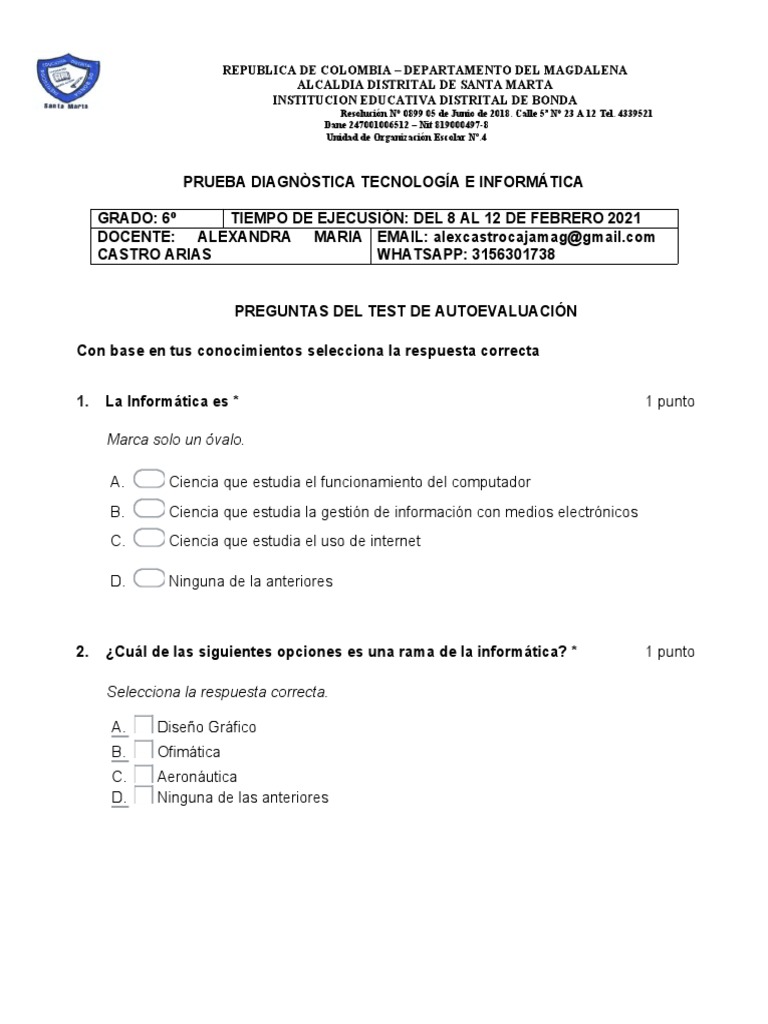 Prueba Diagnostica Tecnologia 6° | PDF | Hardware de la computadora ...