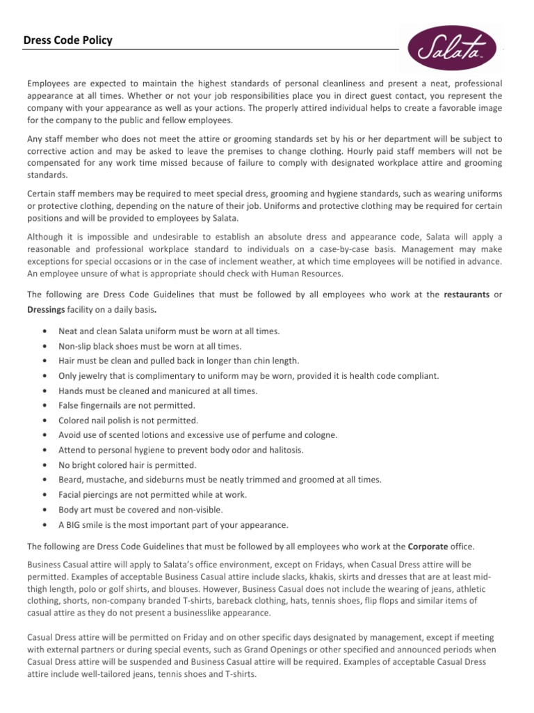 Dress Code PDF Clothing Hygiene