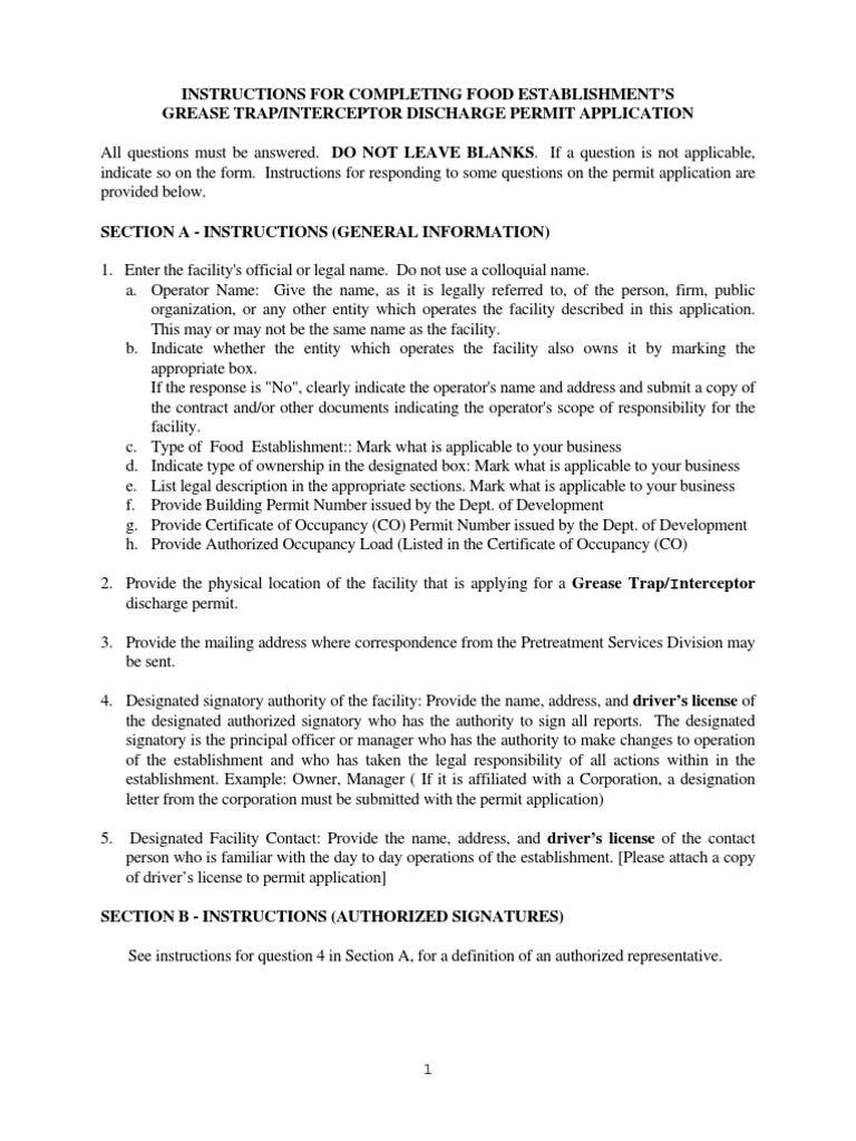 Instructions For Completing Food Establishment'S Grease Trap