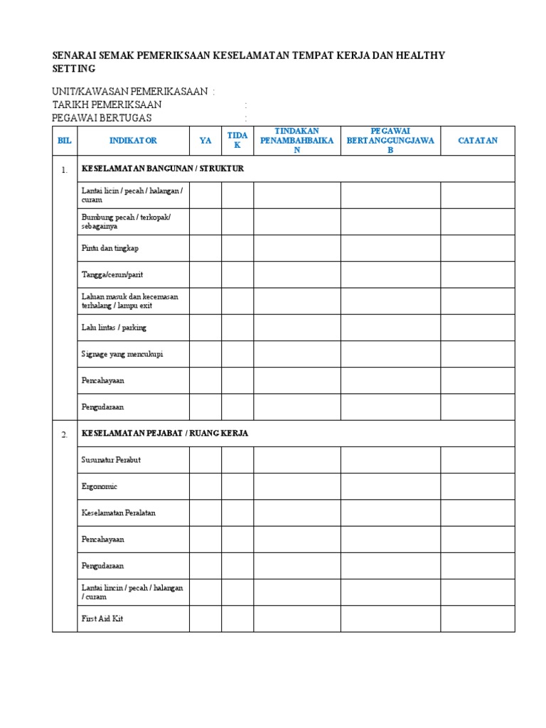 Senarai Semak Pemeriksaan Keselamatan Tempat Kerja Dan Healthy Setting