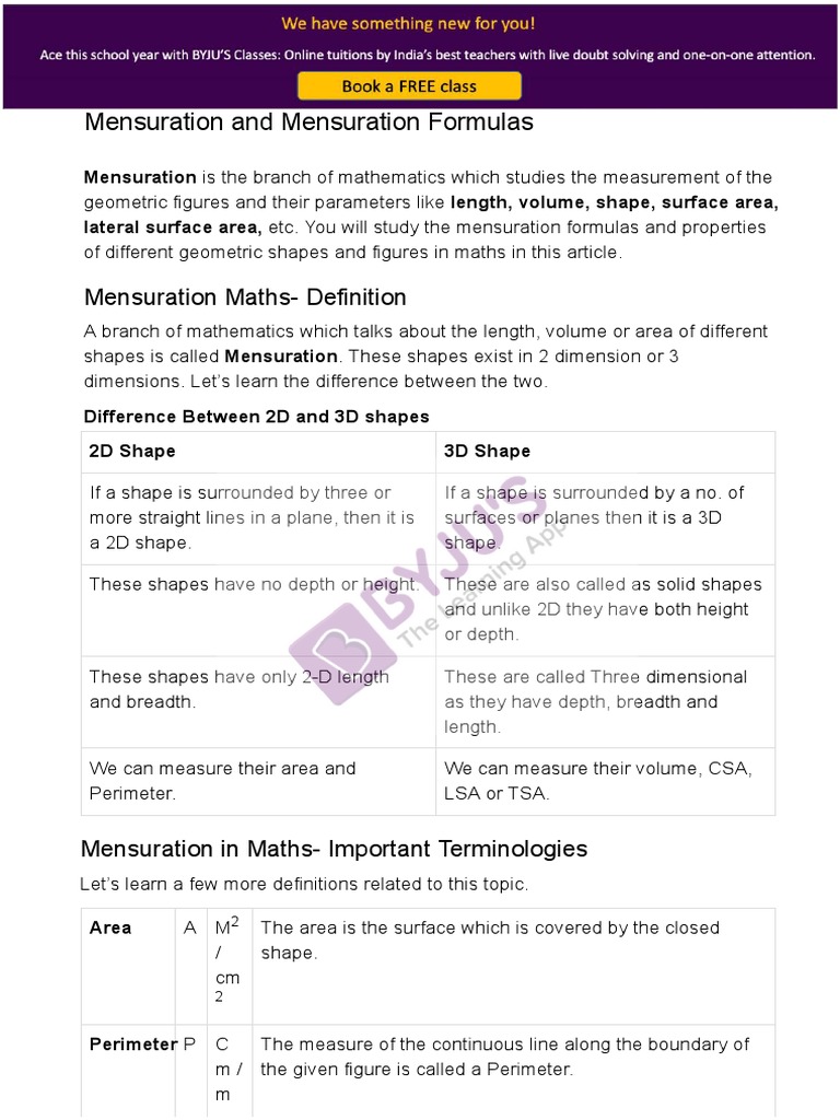 Mensuration Formulas for 2D and 3D Shapes | PDF | Area | Shape