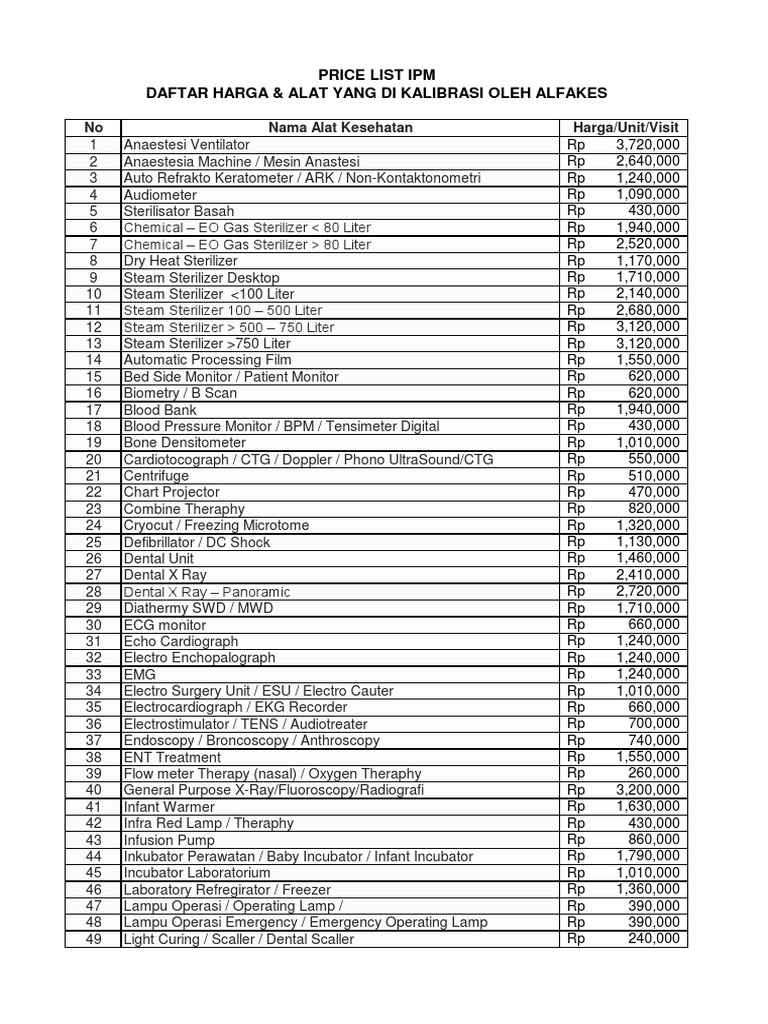 Price List and Calibration Fees for Various Medical Equipment Provided