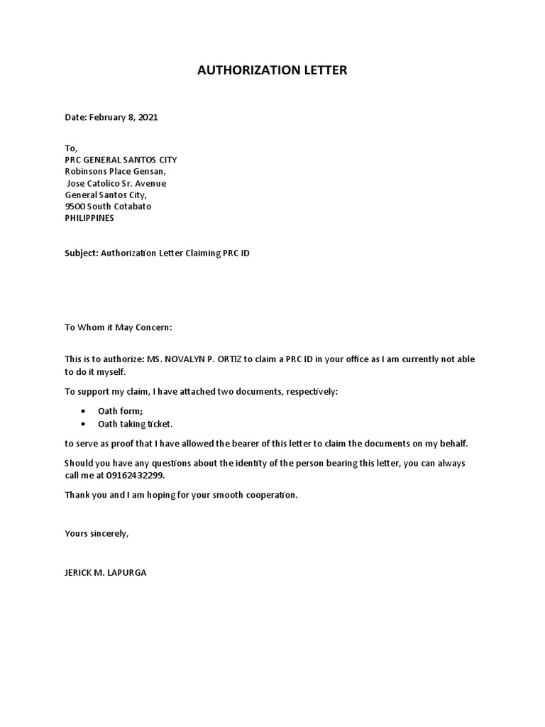 Authorization letter to claim documents pdf