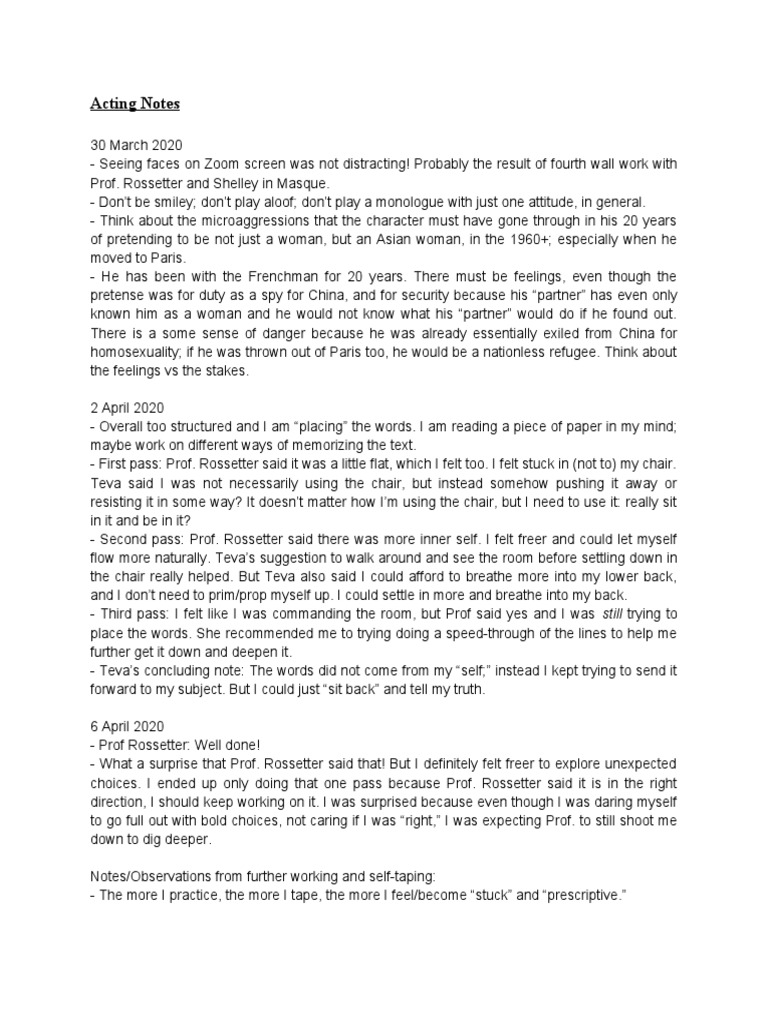 Timmy Ong - Monologue Acting Notes | PDF