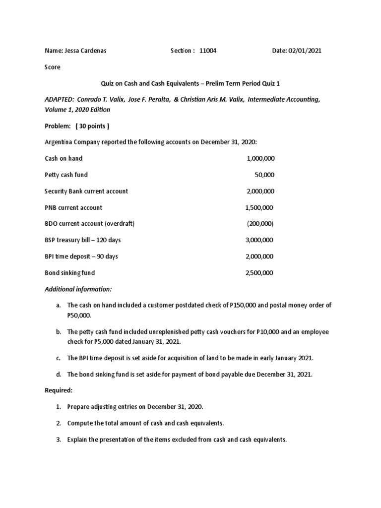 Quiz On Cash and Cash Equivalents Quiz 1 On Prelim Term Period