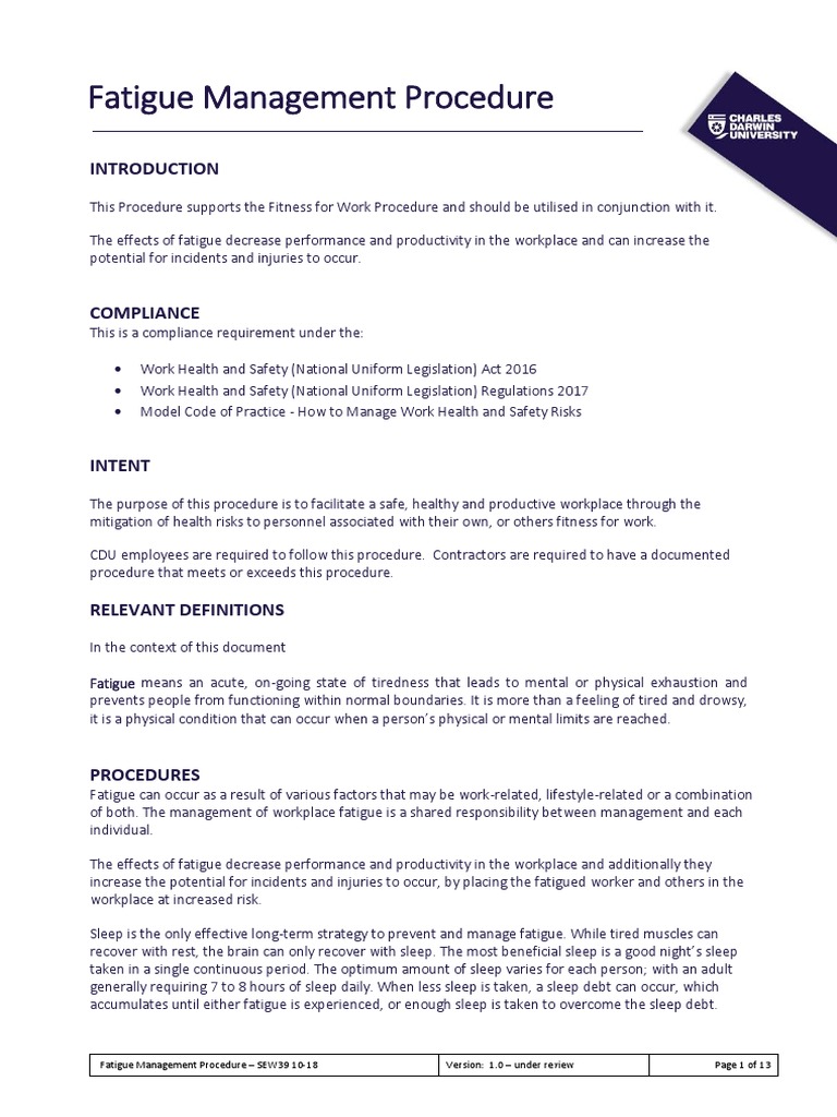 Fatigue Management Procedure Sew39 PDF Shift Work Risk