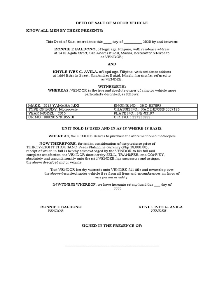 Deed of Sale of Motorcycle | PDF | Deed | Common Law