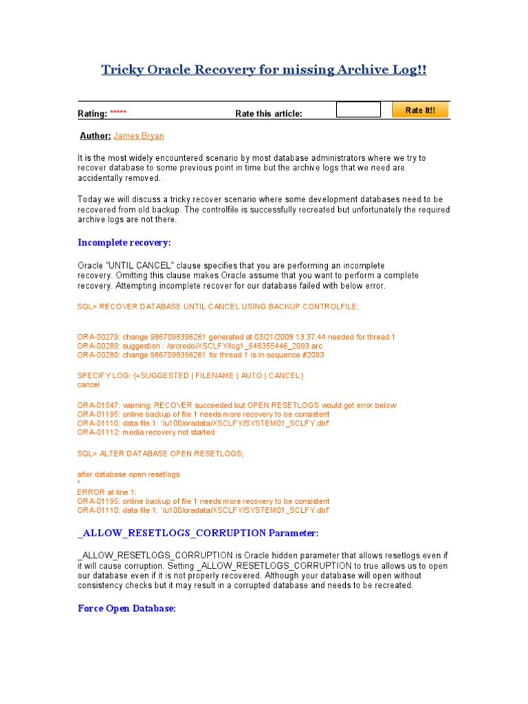 Oracle Recovery For Missing Archive Log PDF Backup Databases