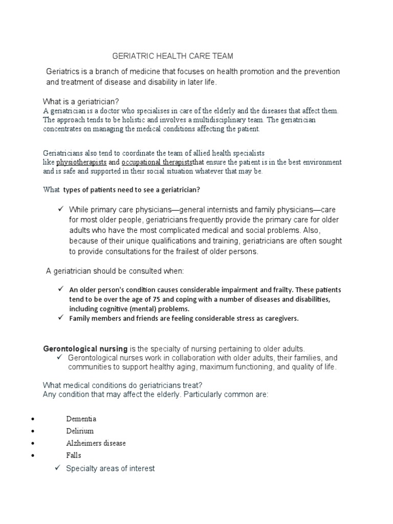 Geriatric Health Care Team Overview | PDF | Geriatrics | Physical Therapy
