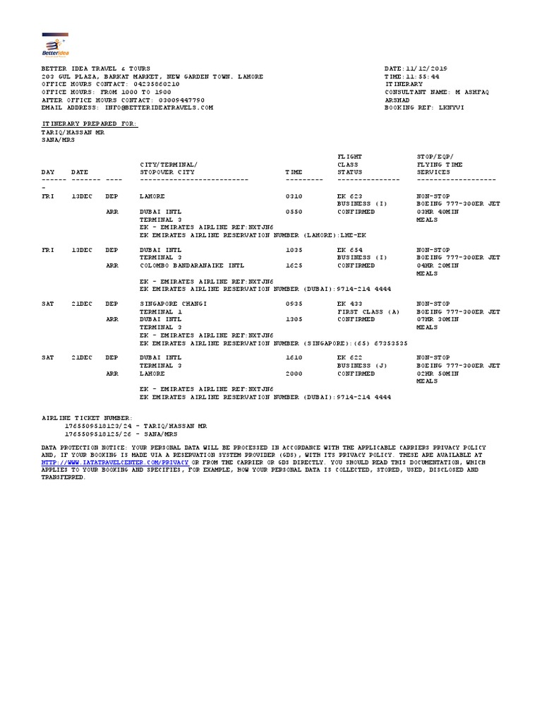 EK623 Flight Itinerary: Lahore to Dubai | PDF | Emirates (Airline ...