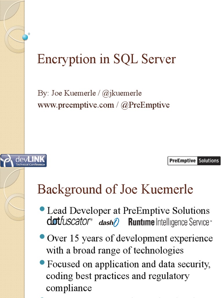 Encryption in SQL Server: By: Joe Kuemerle / @jkuemerle | PDF | Key ...