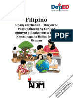 Filipino5 - q1 - Mod5 - Pagpapahayag NG Sariling Opinyon o Reaksiyon Sa Isang Napakinggang Balita Isyu o Usapan - FINAL07182020