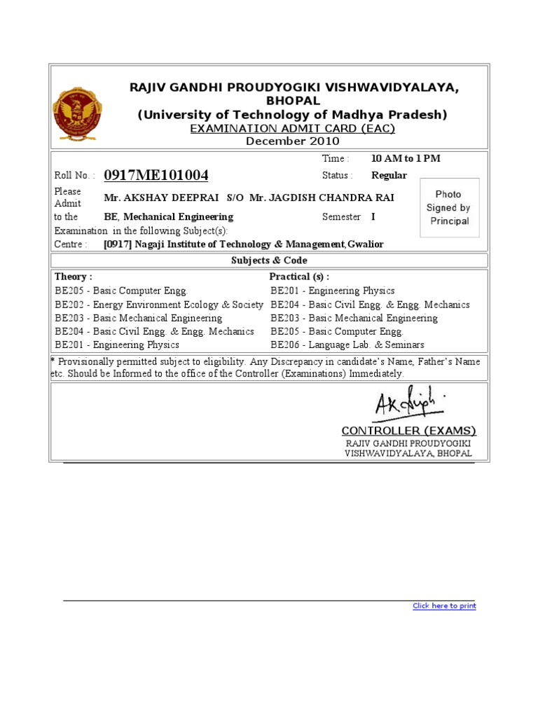 RGPV Examination Admit Card Details | PDF