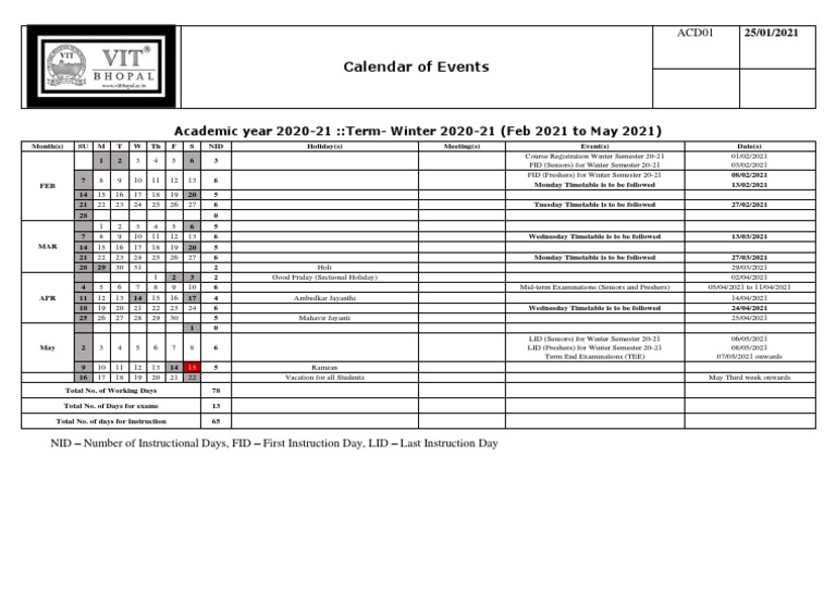 VIT Bhopal Academic Calendar 2020-21 | PDF | Academic Term | Schools