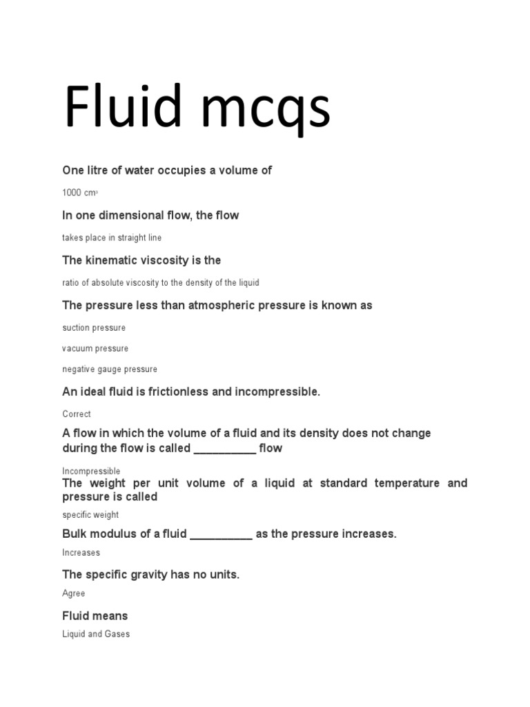 Fluid Mcqs PDF Fluid Dynamics Viscosity