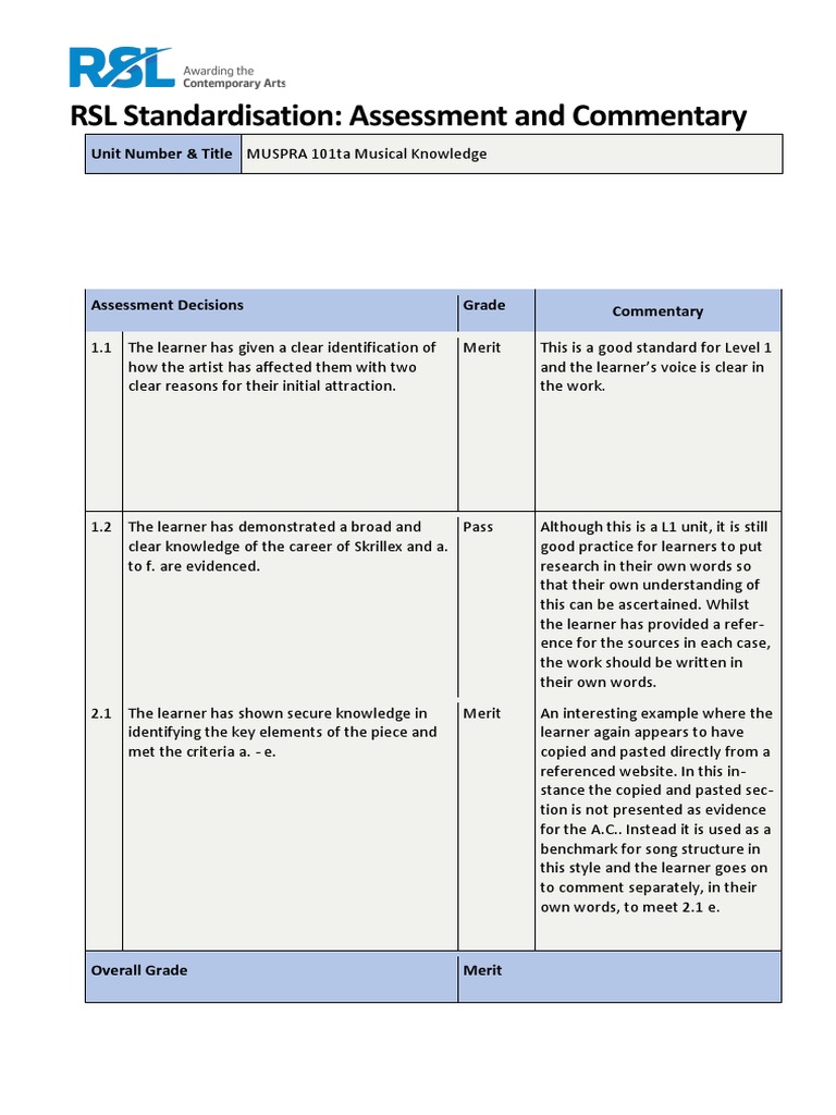 RSL Standardisation Assessment Review | PDF | Language Arts & Discipline