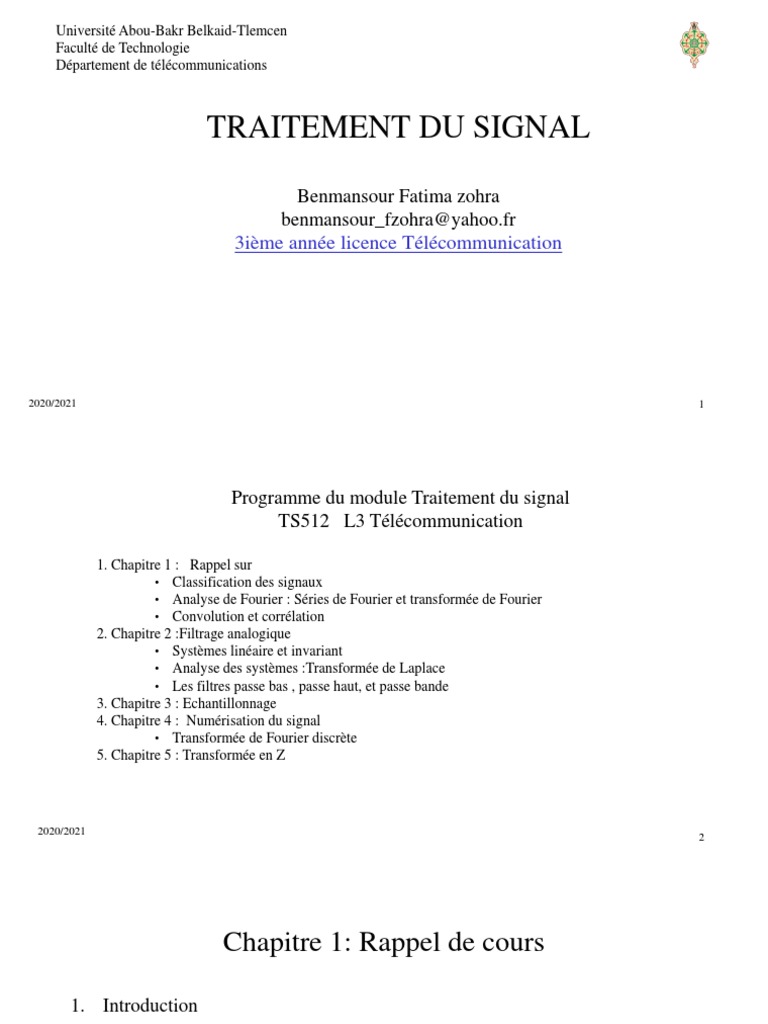 Cours de Traitement du Signal | PDF | Transformation de Fourier | Physique