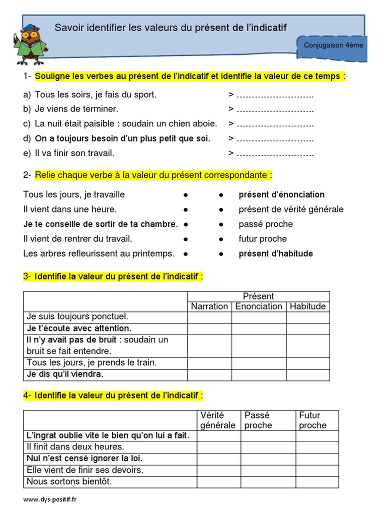 Exercice Présent De L indicatif Cm2 Exercices Valeurs Présent | PDF | Conjugaison | Verbe