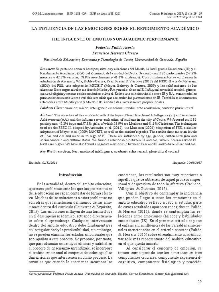 La Influencia de Las Emociones Sobre El Rendimiento Académico | PDF ...