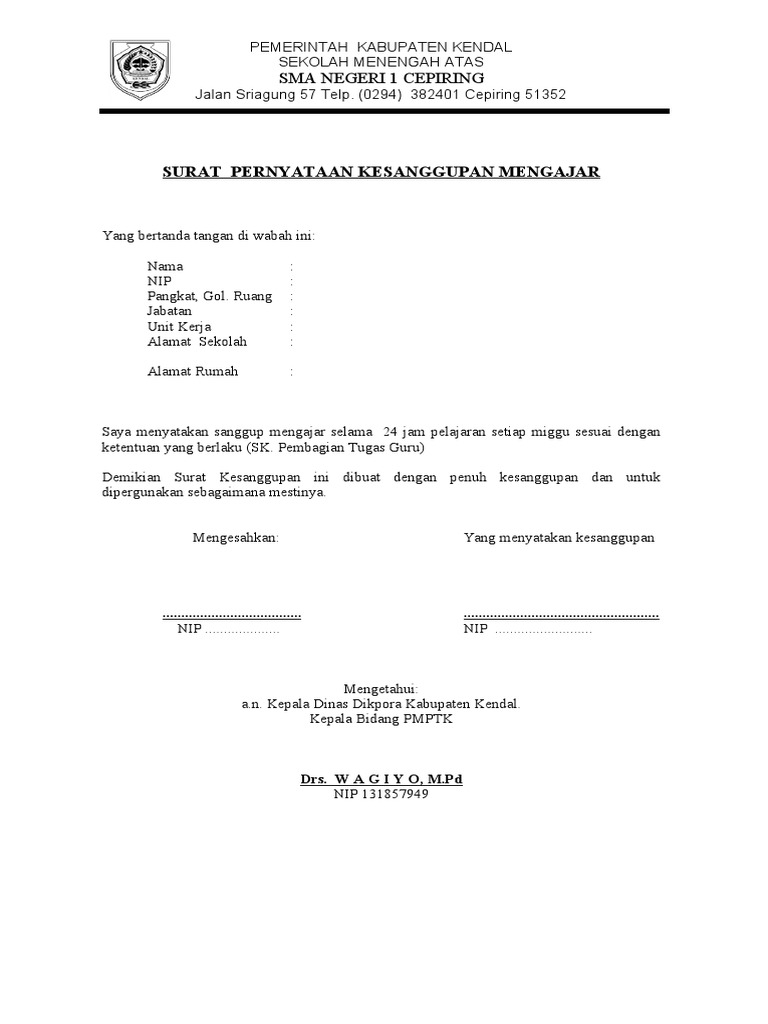 Surat Pernyataan Kesanggupan Mengajar