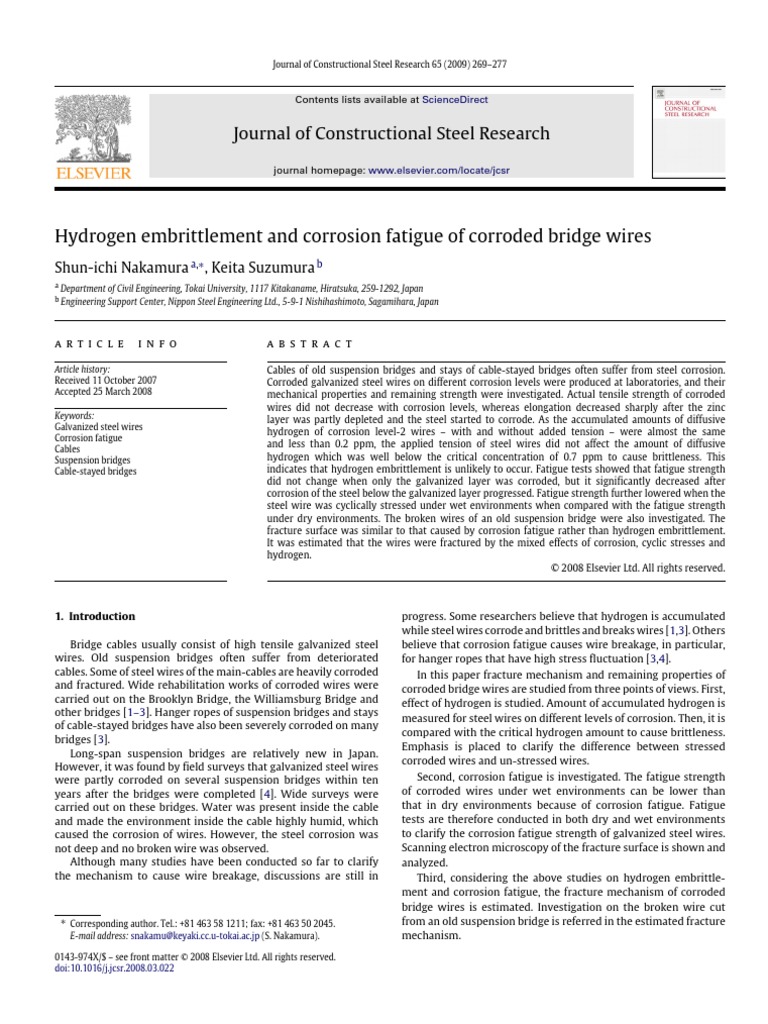 Hydrogen Embrittlement and Corrosion Fatigue of Corroded Bridge Wires ...