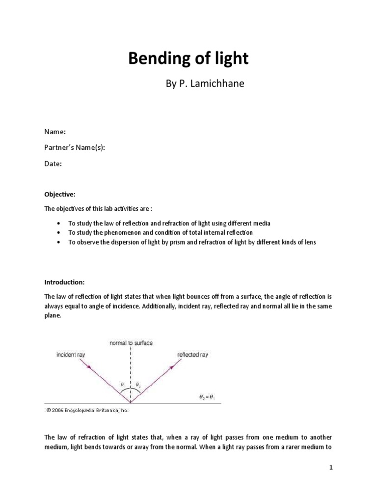 Reflection and Refraction of Light Lab PDF Refraction Refractive