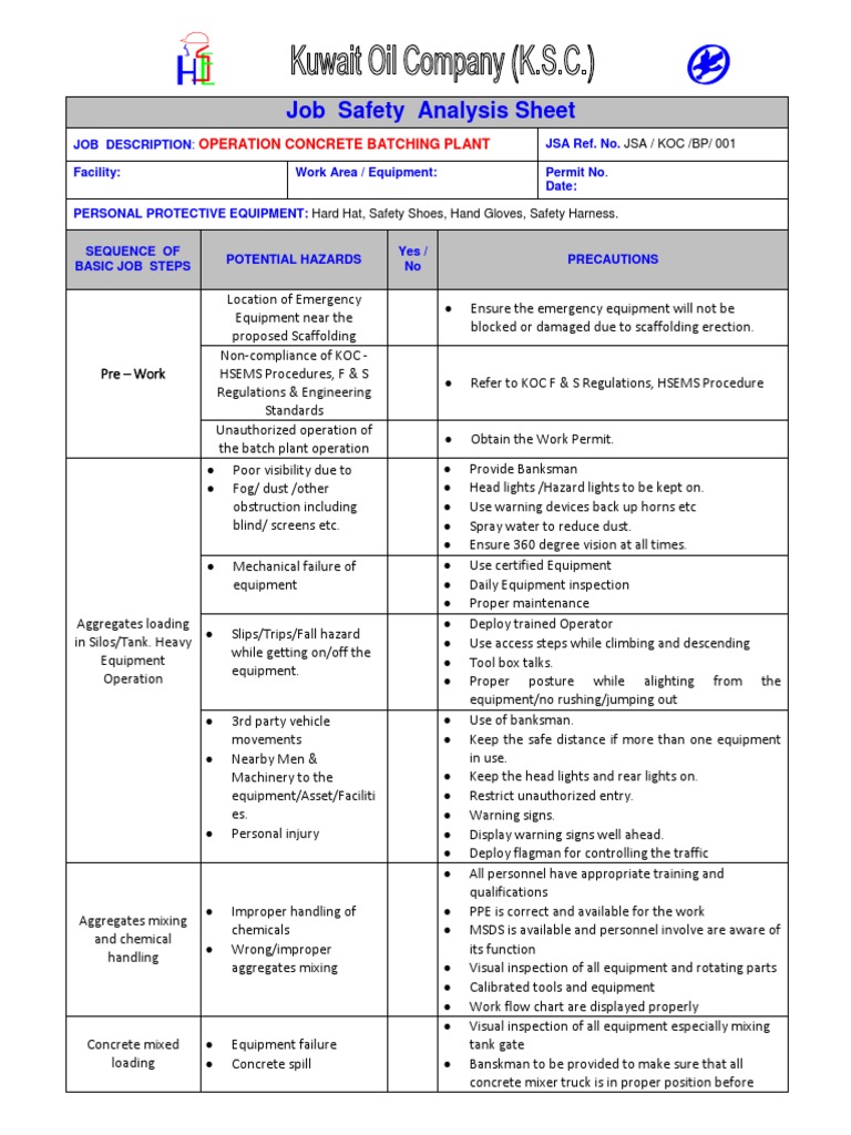 Job Safety Analysis Sheet Operation Concrete Batching Plant PDF Occupational Safety And
