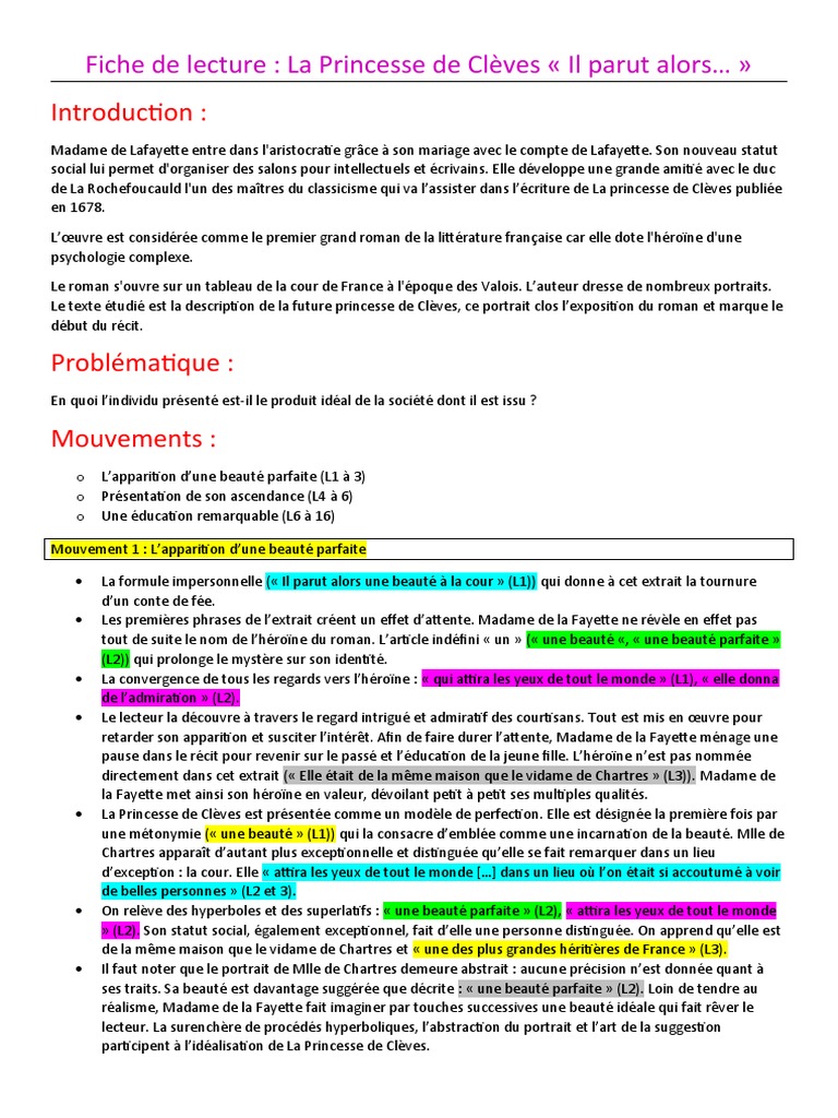 Il Parut Alors Une Beaute A La Cour Analyse Lineaire Fiche de Lecture La Princesse de Clèves Il Parut Alors | PDF | Romans |  Amour