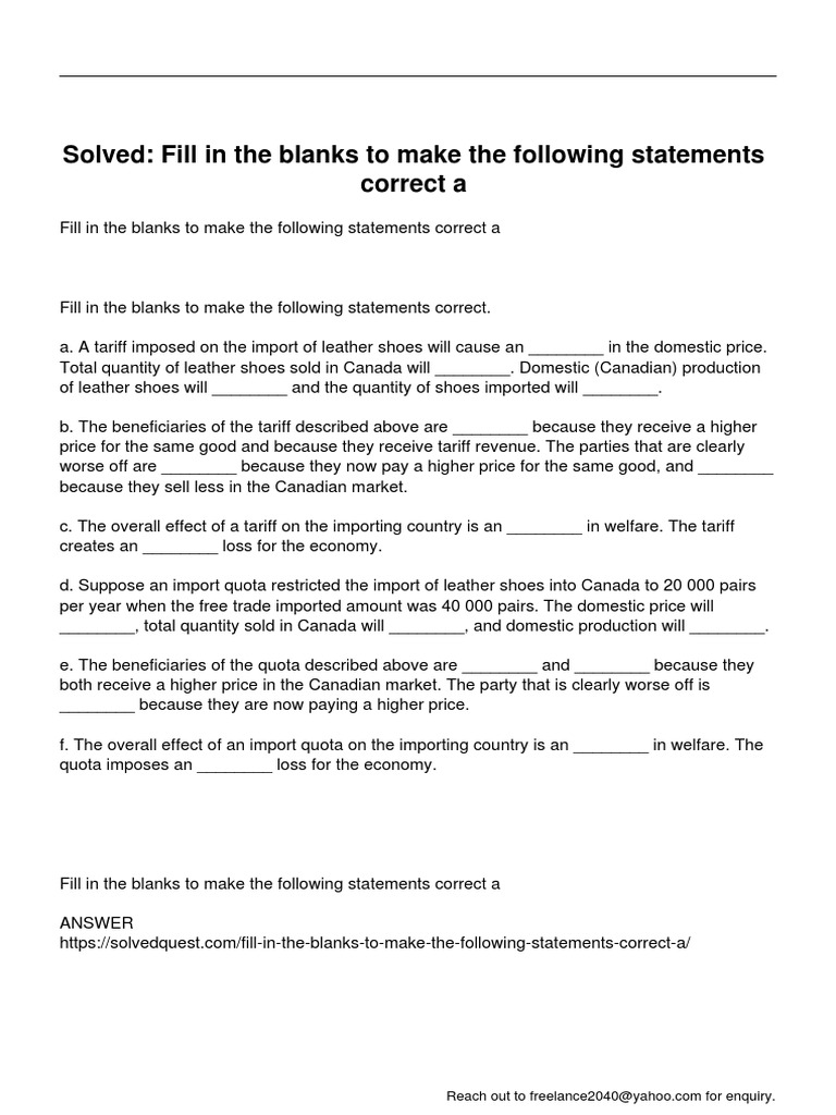 Fill in The Blanks To Make The Following Statements Correct A | PDF ...