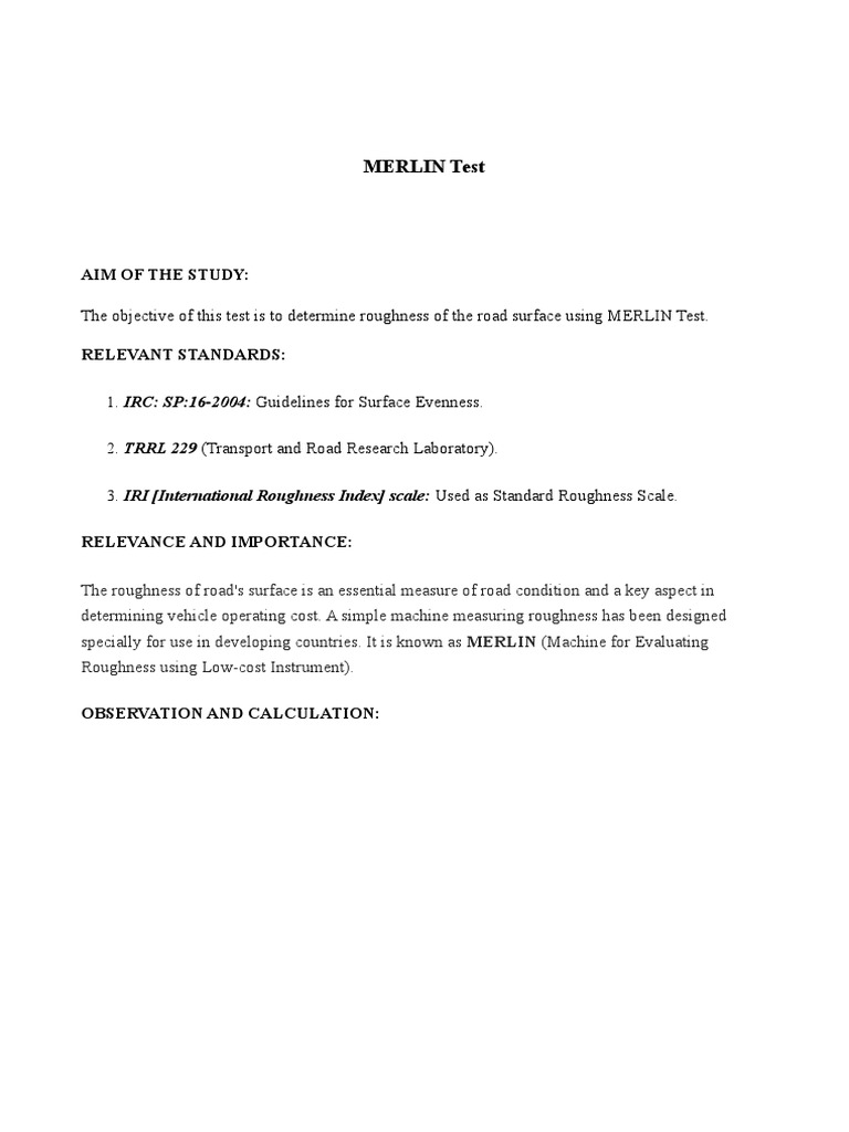 MERLIN Test for Road Surface Roughness | PDF