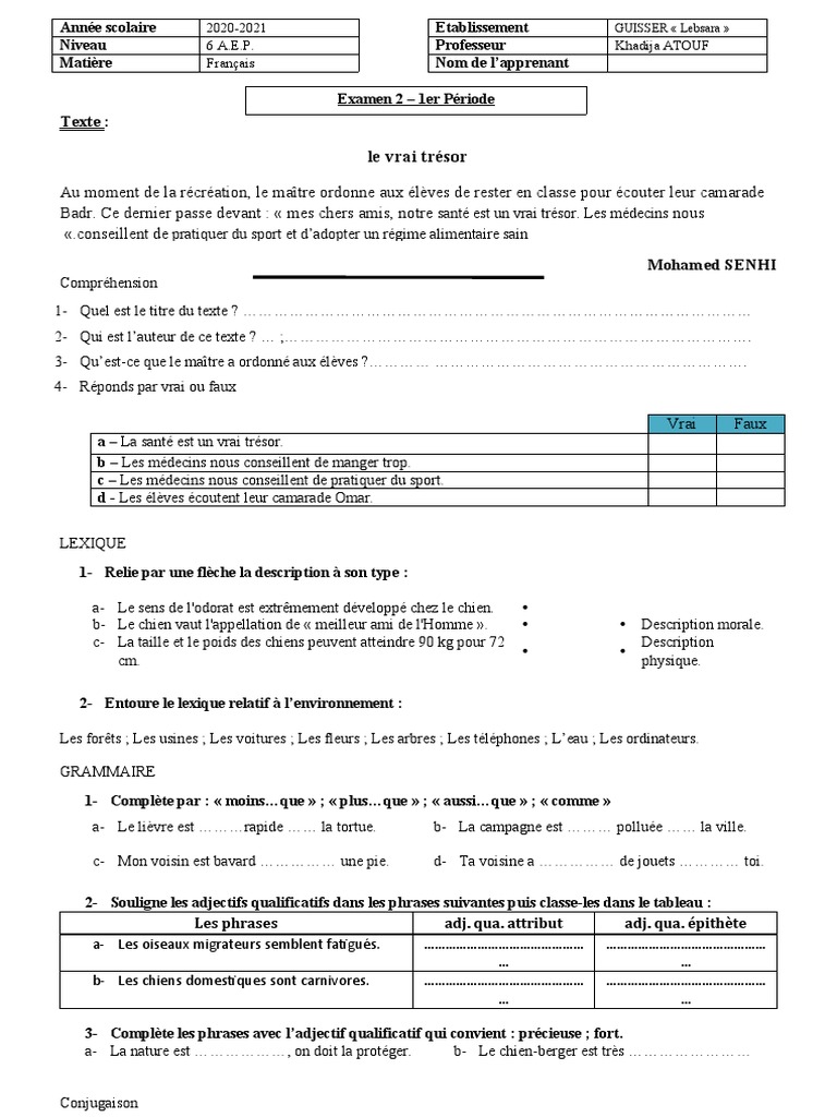 Exercice corrigé 6 AEP - Français | PDF | Syntaxe | Grammaire