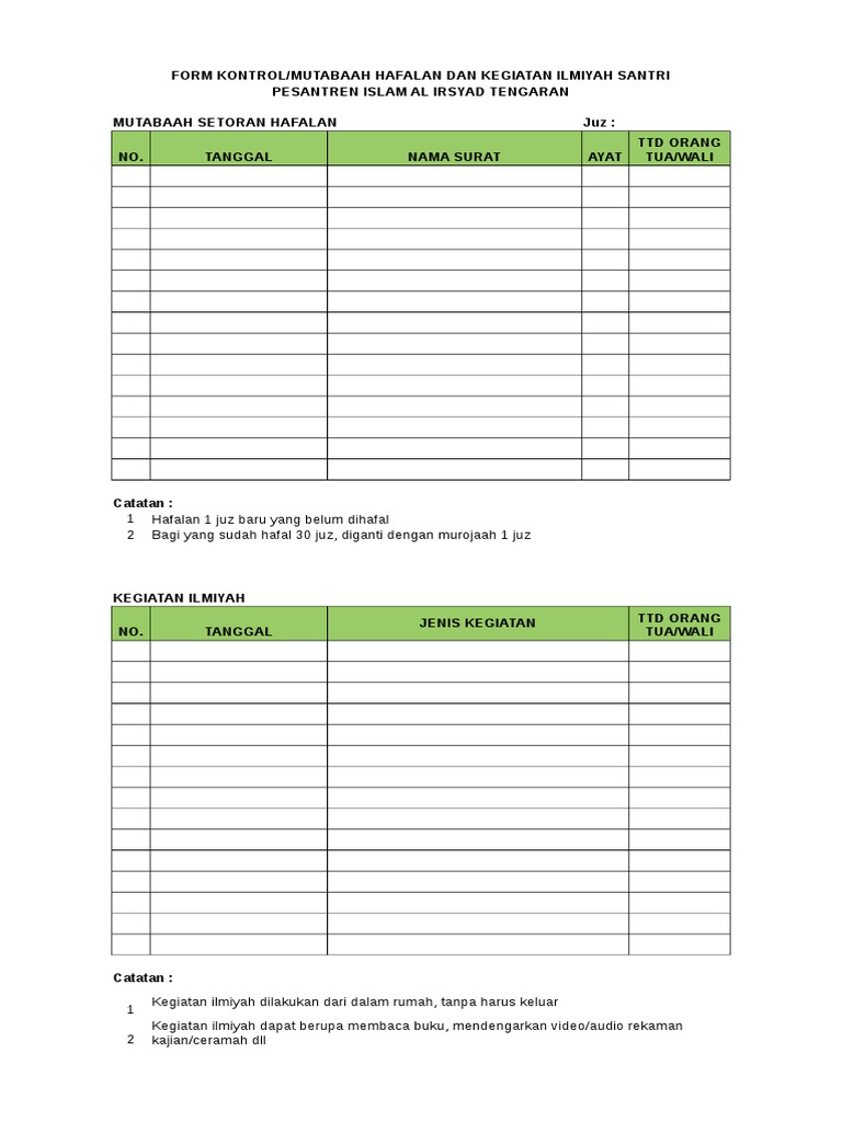 Form Kontrol Tugas Liburan Santri | PDF