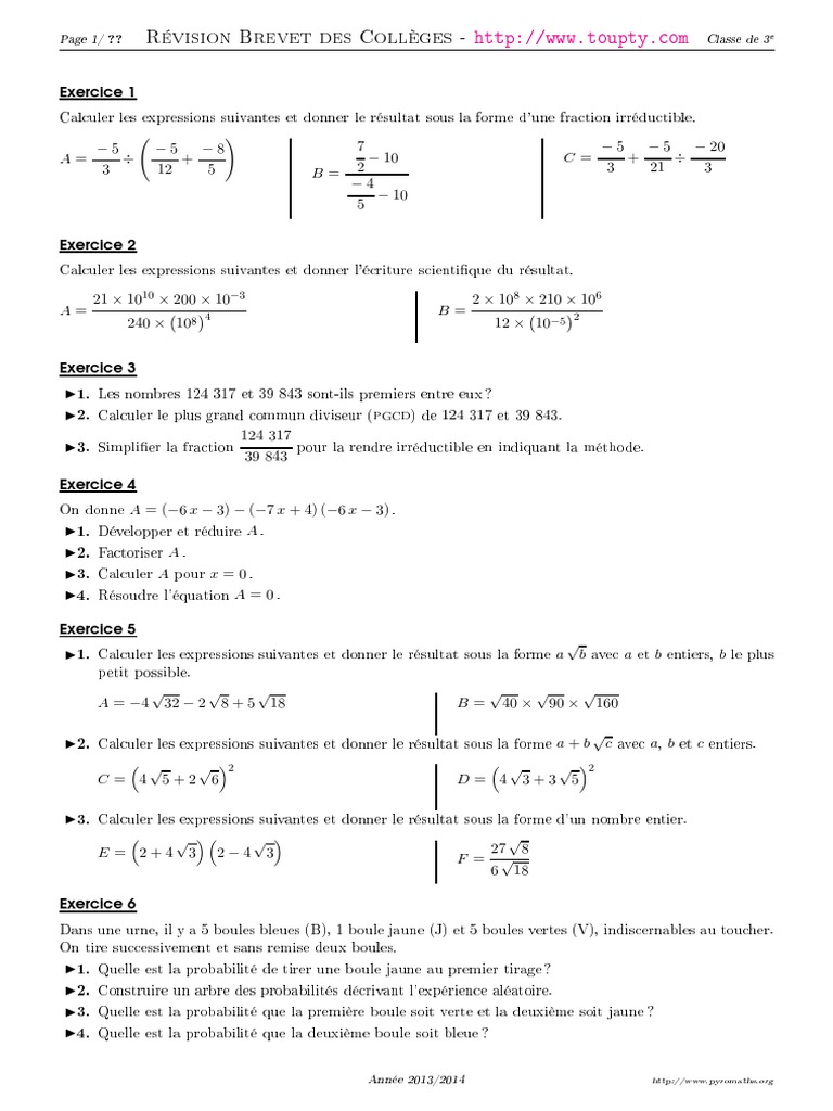 Exercice Probabilité 3ème Brevet Pdf Corrigé Exercices Calcul 3eme 1 | PDF | Théorie des nombres | Mathématiques  discrètes
