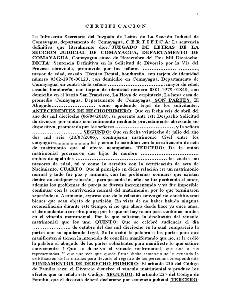 Certificacion de Sentencia de Divorcio Divorcio Mutuo | PDF | Divorcio
