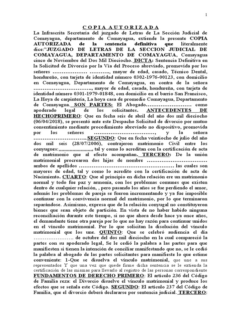 Copia Autorizada de Sentencia de Divorcio Por Mutuo | PDF | Matrimonio