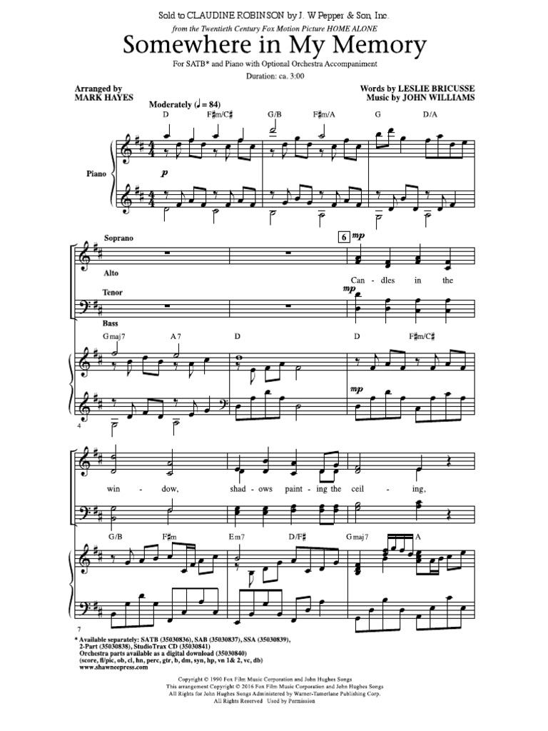 Somewhere in My Memory SATB PDF