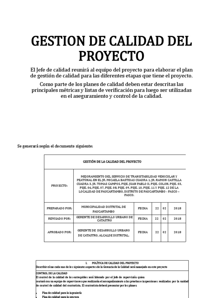 Gestion de Calidad Del Proyecto Paucartambo | PDF | Calidad (comercial ...