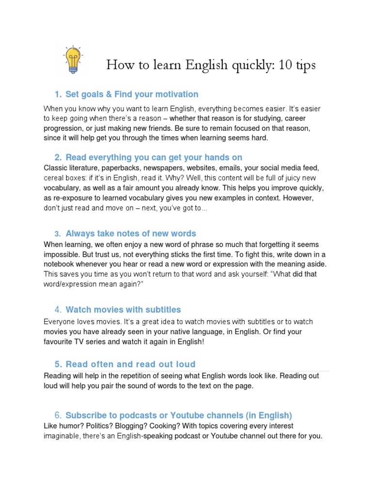 Quick Tips for Learning English Fast | PDF | English Language | Vocabulary