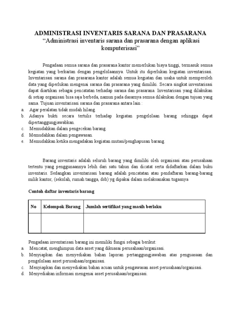 Contoh Inventarisasi Sarana Prasarana | PDF