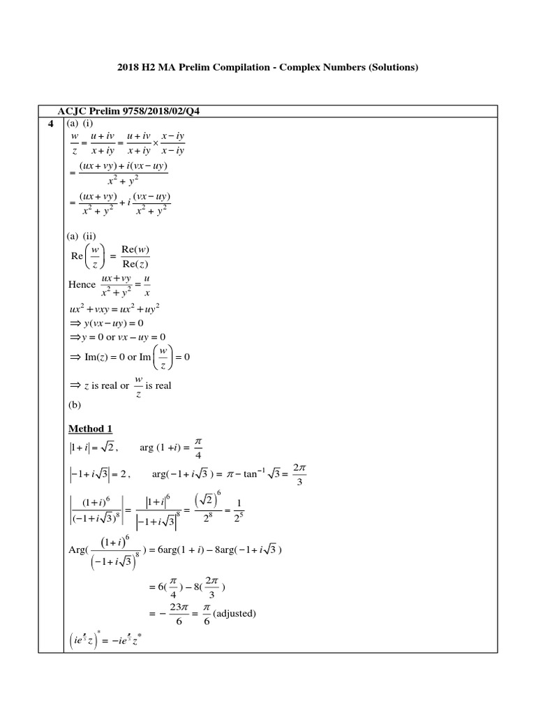 2018 H2 Prelim Compilation (Complex Numbers) SOLUTIONS | PDF | Zero Of ...