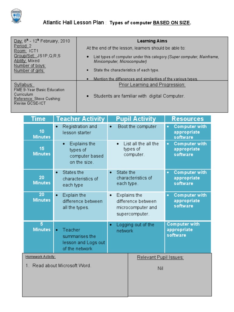 Types of Computers by Size Lesson Plan | PDF | Microcomputers | Lesson Plan