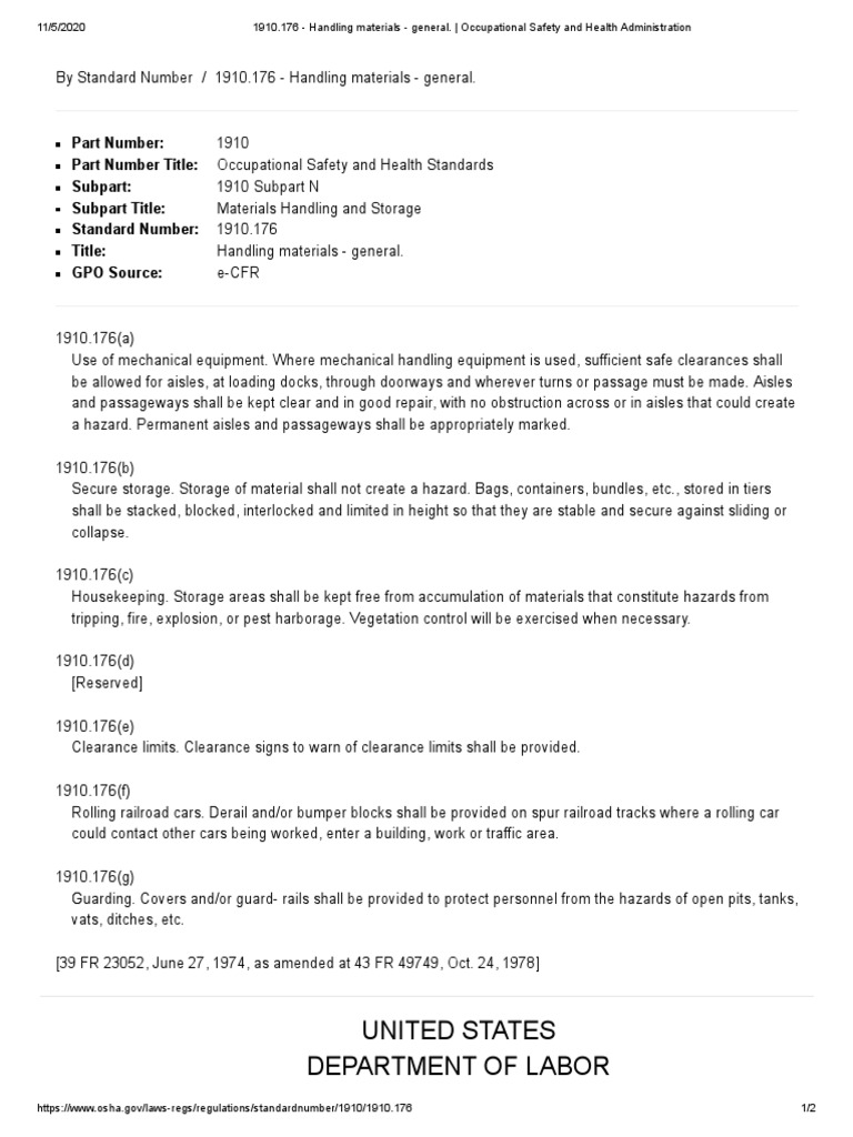 OSHA Standard 1910.176: Material Handling | PDF | Occupational Safety ...