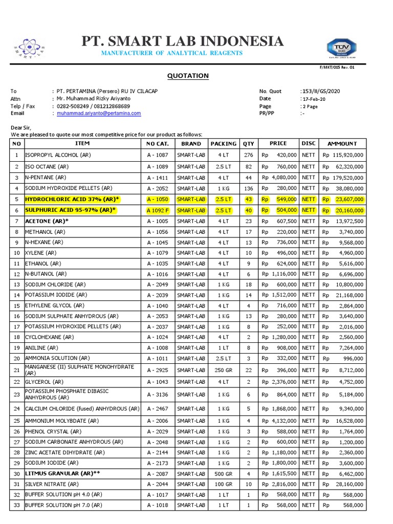 Pt. Smart Lab Indonesia: Quotation | PDF | Ammonium | Atoms