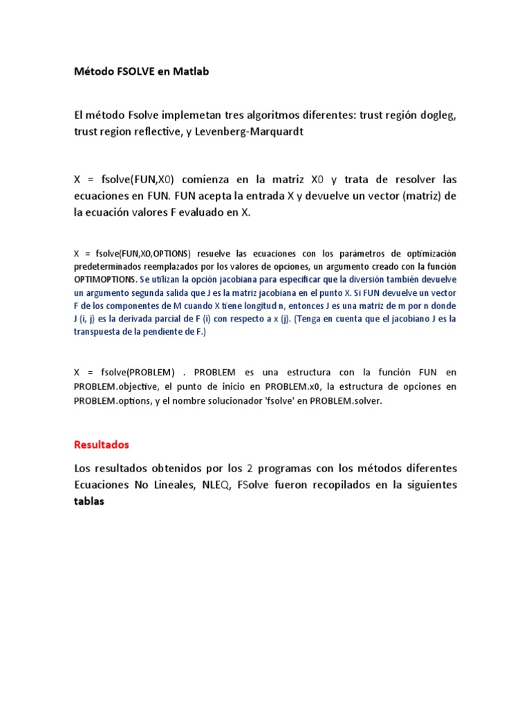 Método FSOLVE en Matlab para Ecuaciones | PDF | Métodos y materiales de ...