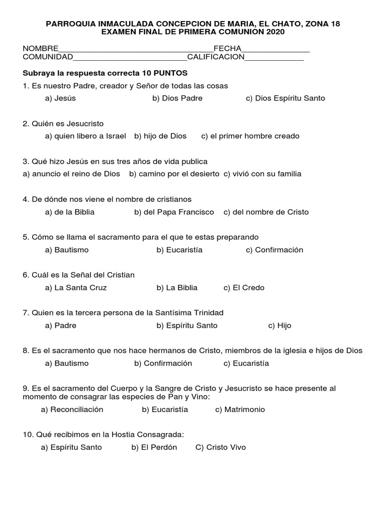 Examen Final de Primera Comunion PDF Confirmación eucaristía