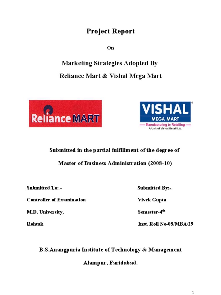 Project Report: Marketing Strategies Adopted by Reliance Mart & Vishal ...